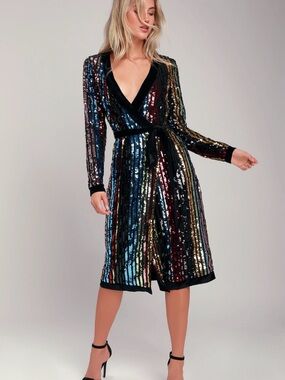 Pretty pretty prismatic rainbow striped sequin midi  robe dress